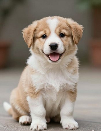 cute puppy sitting on the floor and looking at the cameraの写真素材