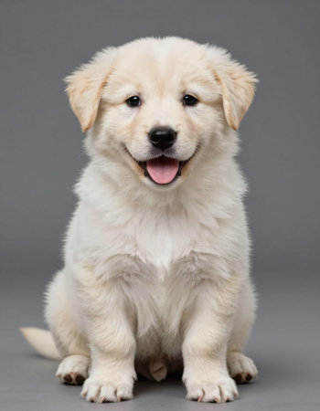 Studio shot of an adorable Golden Retriever puppy sitting against grey background.