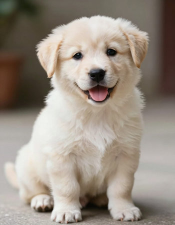 Golden Retriever puppy sitting on the floor and looking at the camera