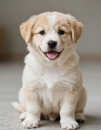 Cute Golden Retriever puppy sitting on the floor at home