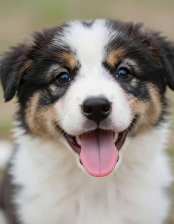 Australian shepherd puppy, close-up portrait on a background of green grass