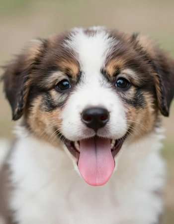 Portrait of a cute Australian shepherd puppy with tongue out in the garden