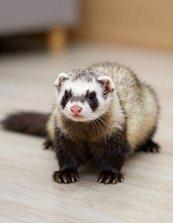 Portrait of a ferret standing on the floor and looking at camera