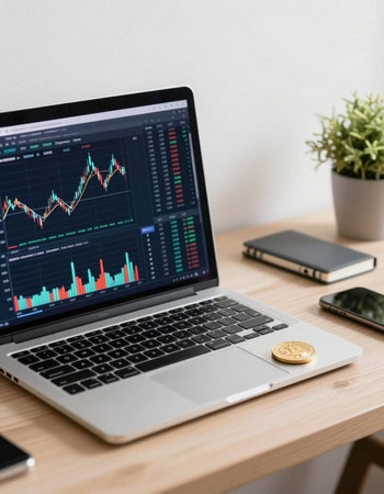 Laptop with stock market chart on screen, stock market investment concept