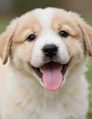Portrait of a cute purebred puppy of Golden Retrieverの写真素材