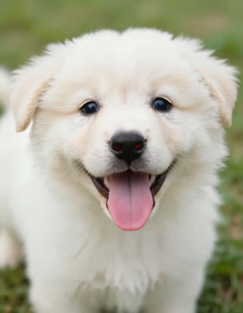 White Swiss Shepherd puppy sitting on the grass and looking at the cameraの写真素材