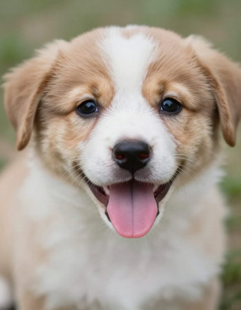 Portrait of a cute puppy with tongue outの写真素材