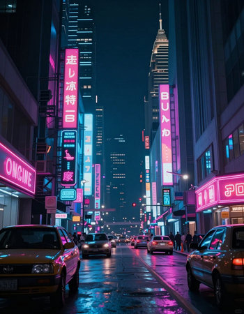 Night view of a bustling urban street in Asia.の写真素材