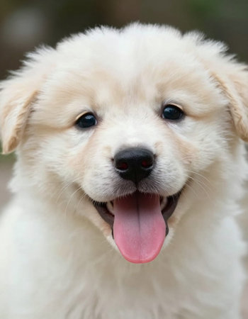Cute white puppy of Golden Retriever close-up.