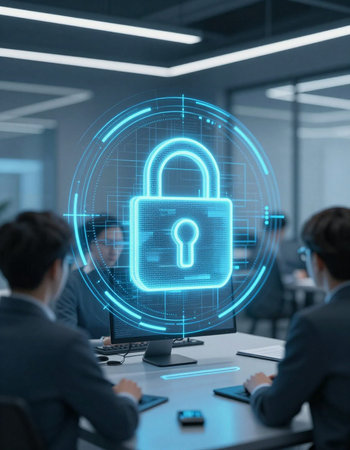 businessman using laptop with padlock icon on screen in modern office