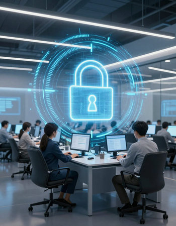 Business people using laptops and computers in modern office with lock icon hologram