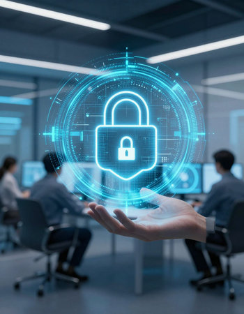 Businessman hand holding padlock icon on screen in modern office. Security and safety concept.
