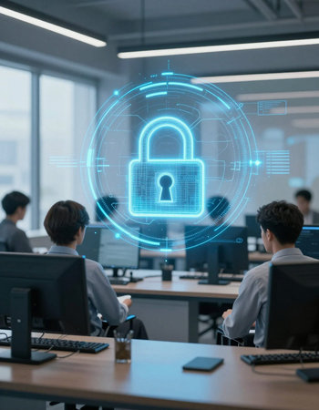 Cyber security and information protection business technology concept.Silhouette of businessman...