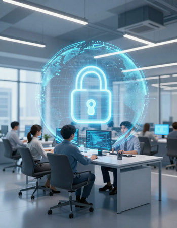 Business people using laptop in modern office with double exposure of padlock hologram. Concept of...