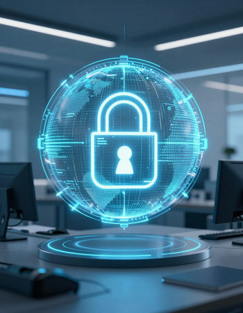 3d rendering security lock icon on modern office background. Network concept