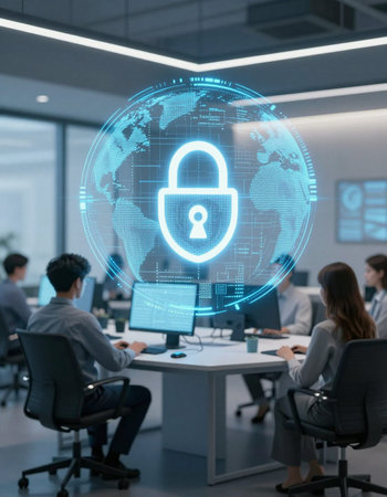 Silhouette of business people working together in modern office with padlock icon hologram