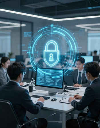 Business people working together in modern office with padlock icons hologram
