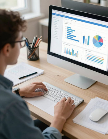 Side view of young male freelancer working on computer in office, copy space
