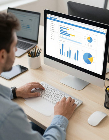 cropped shot of businessman using computer with financial charts on screen in office