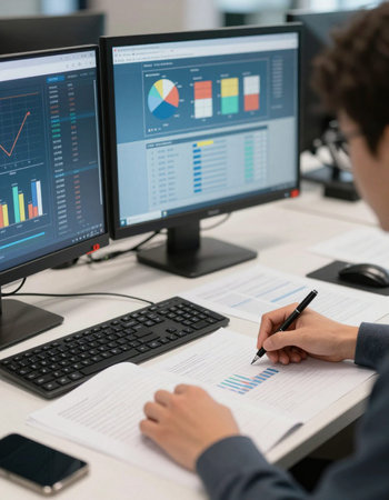 Side view of young businessman working on computer at desk in office. Businessman analyzing...