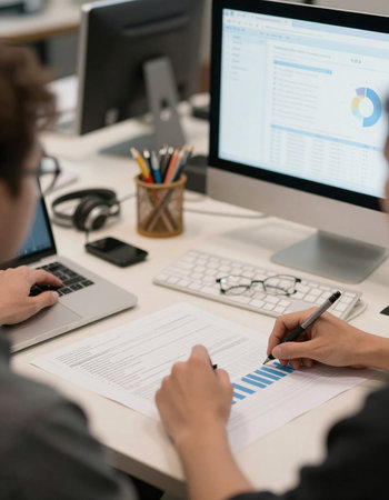 Cropped image of business people working together at the desk in office