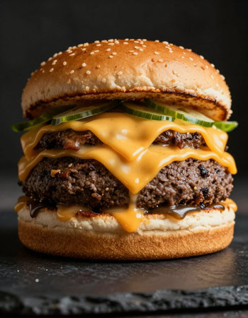 Delicious hamburger with cheese and ketchup on a black backgroundの写真素材