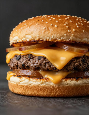 Delicious cheeseburger on a dark background. Close-up.の写真素材