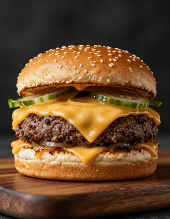 Cheese burger - American cheese burger with fresh cucumber and tomatoの写真素材