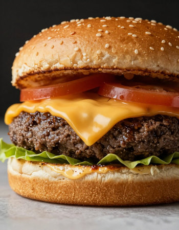 Close-up of hamburger with cheese and tomato on black backgroundの写真素材