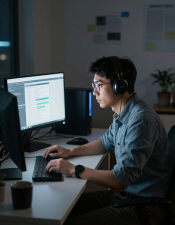 young asian man working late at night in office using computer and headset