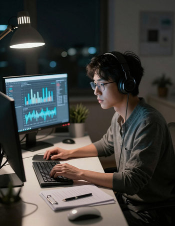 young asian man working late at night in office with computer and headset