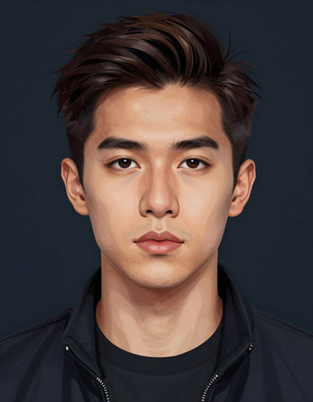 Portrait of a young handsome Asian man, isolated on dark backgroundの写真素材