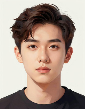 portrait of young asian man with fashion hairstyle on white backgroundの写真素材