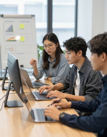 Group of young Asian business people working together in modern office. Business and finance...