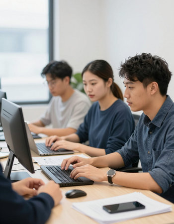 Group of young asian business people working with computer in office.