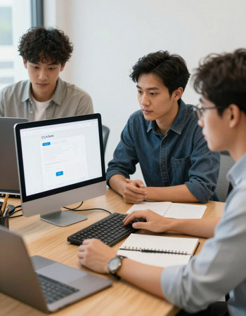 Group of young Asian business people working with computer in modern office.