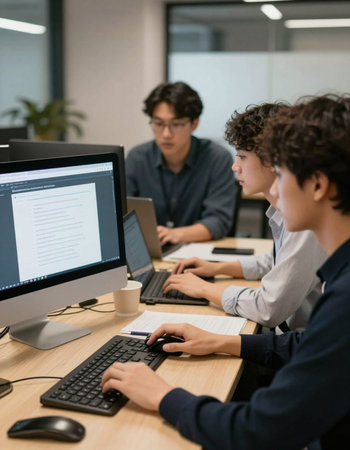 Group of young business people working together on desktop computer in modern office