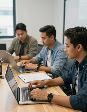 group of young asian business people working on laptop computer in modern officeの写真素材