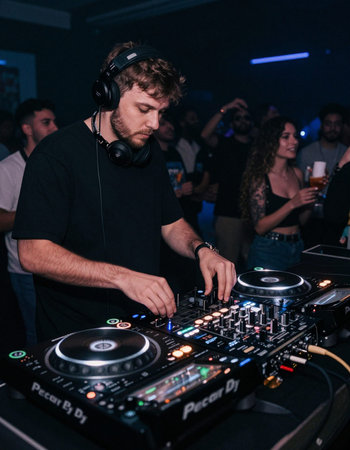 Dj mixes the track in the nightclub with a group of people in the background