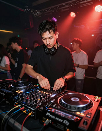 young asian man playing music at the nightclub with dj mixer and headphones