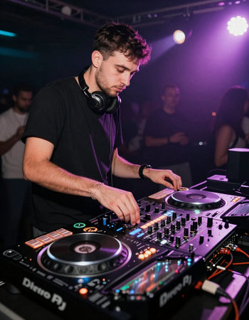 Young man mixing music on dj's deck with headphones in a nightclubの写真素材