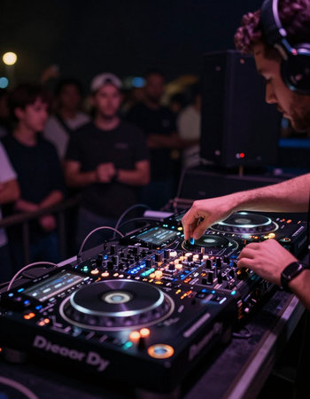 Dj mixes the track in the nightclub at a party with a lot of people