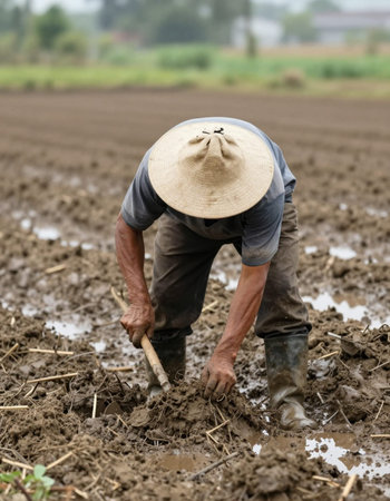 Farmer working in the rice field and planting seedlings in the ground