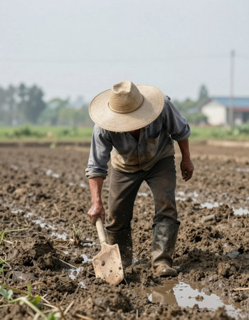 Farmer working in the field with his shovel, Thailand.
