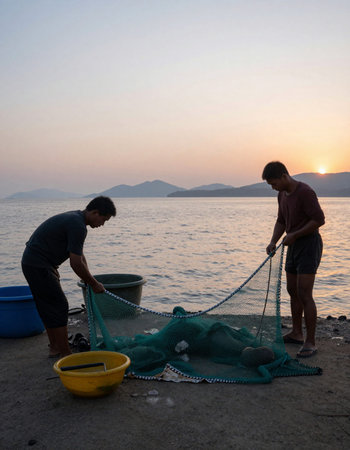 Fishermen are cleaning the fishing net on the beach at sunset.の写真素材