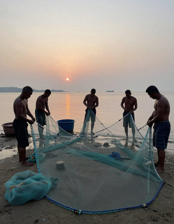 Fishermen working on the beach at sunset in the morning.の写真素材