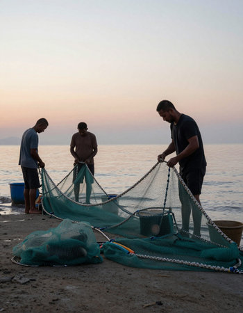 Fishermen are trawling on the beach at sunset.の写真素材