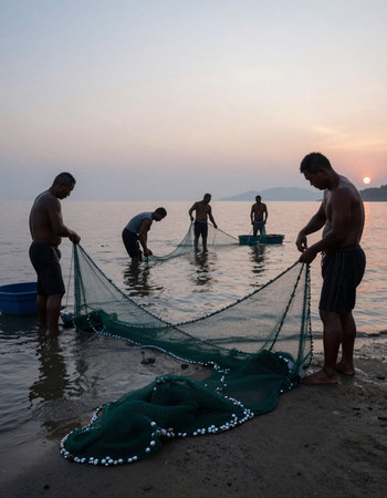 Fishermen at the beach in the early morning, Sri Lankaの写真素材