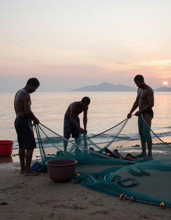 Fishermen are fishing on the beach at sunrise in the morning.の写真素材