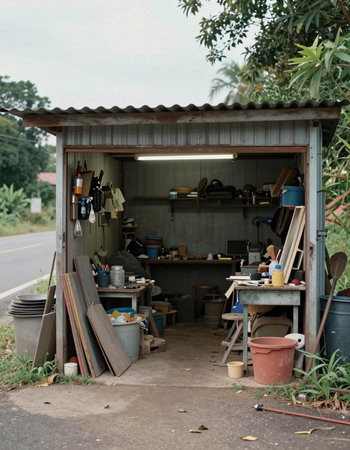 Abandoned garage with tools and equipment.の写真素材